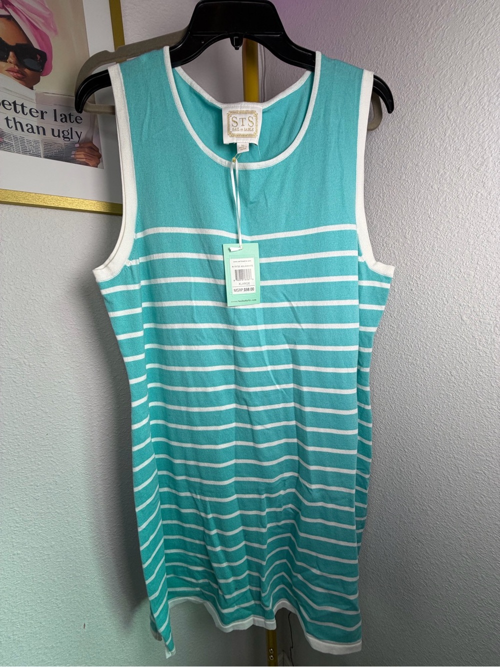 Sail to Sable Aqua & White Striped Knit Tank Dress NWT $98